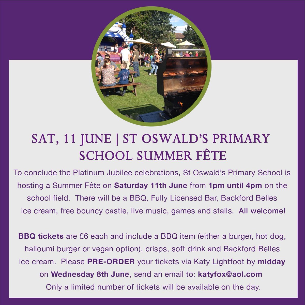 Don’t forget the Summer Fete taking place <a href="/StOswaldsCE/">St Oswald's CE Primary School Chester</a> Primary School on Saturday 11th June from 1pm-4pm.  BBQ tickets are available to pre-order or alternatively bring your own picnic.

We look forward to seeing you there! <a href="/TFVillagesHall/">The Five Villages Hall</a>