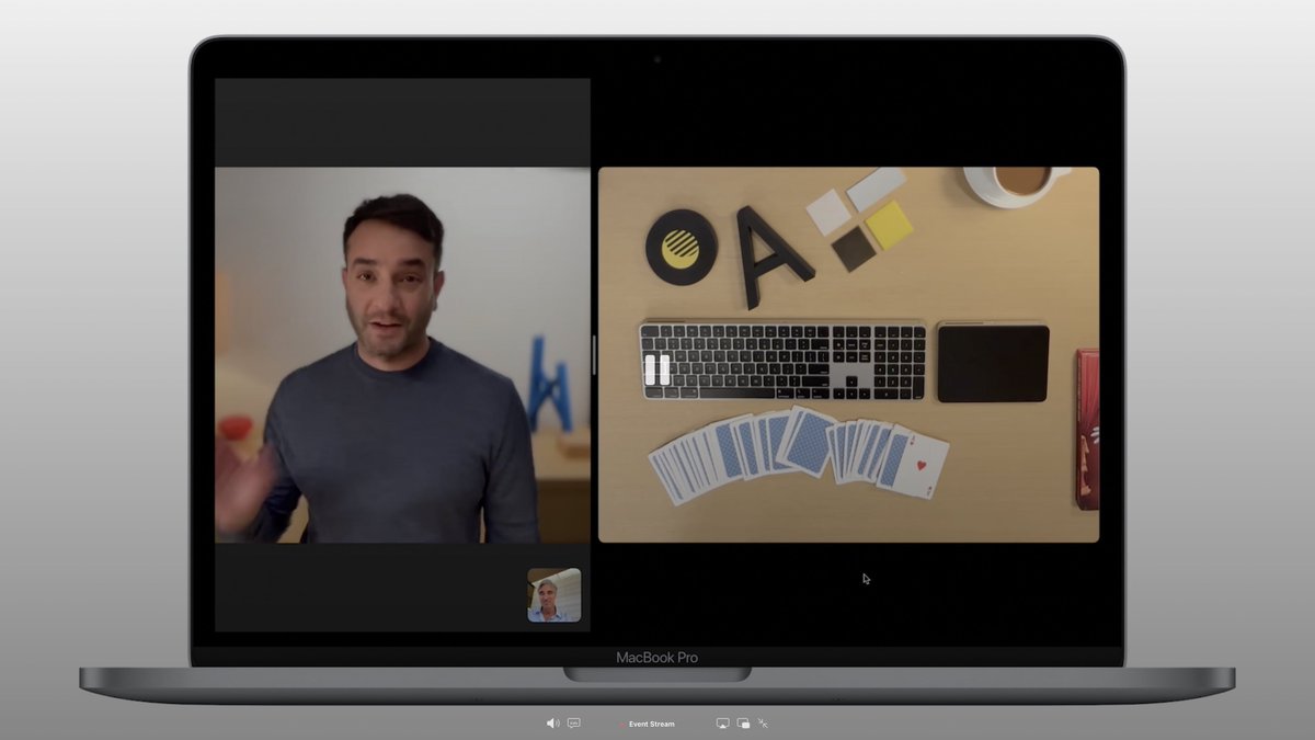 Ok my favorite feature: Continuity Camera. Use your iPhone as your wireless webcam 👀

And it synthesizes a top-down “desk view” from the ultra wide camera. Sick