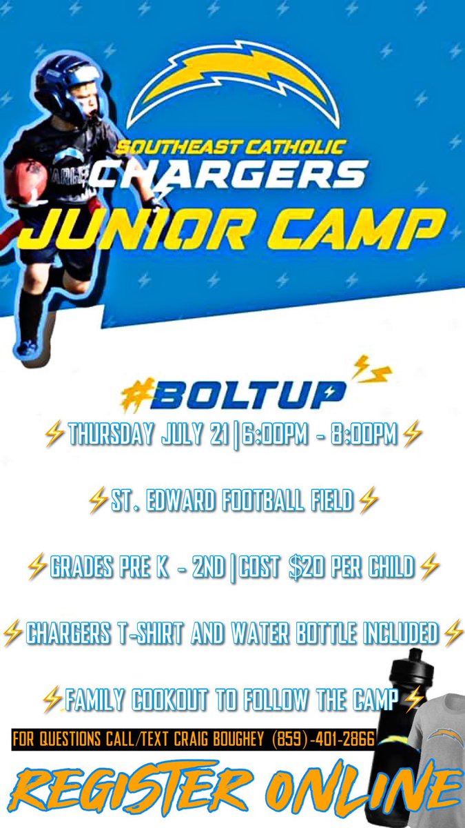 SBSBoosterClub's tweet photo. Junior Chargers Football Camp
Thursday July 21st
6:00 PM - 8:00 PM 
This will be for all students going into Pre-K thru 2nd grade during the 2022-2023 school year.
Registration is now open and signups will be on GameDay until July 1st.
 
https://t.co/JeF9rdN3bt https://t.co/4nMWeT6dyU
