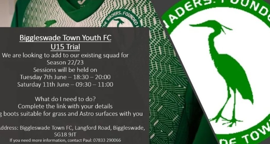 BTownYouthfc's tweet image. 📢 U15 TRIALS ⚽️ - 1st session TOMORROW, STILL SPACES! 
Biggleswade Town Youth U15 Season 22/23 are looking to strengthen their squad! 
Get in touch, copy the link below and complete the form or call Paul! 
forms.gle/DtACUG7Z1NEzqD…
#BTYFC #U15 #football #Biggleswade #waders