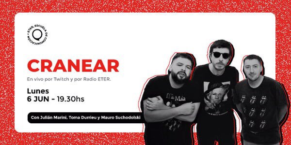 🧠HOY charlamos con <a href="/marininoexiste/">marini</a> productor, guionista y coordinador,  <a href="/TomaDurrieu/">Tóma Durrieu</a> locutor y periodista y <a href="/maurosucho/">Mauro Suchodolski</a> productor, editor y operador de radio.❤️

Charla para estudiantes de Producción, con trasmisión en vivo en Twitch y RadioETER. 

+ Info eter.edu.ar/eventos/cranear