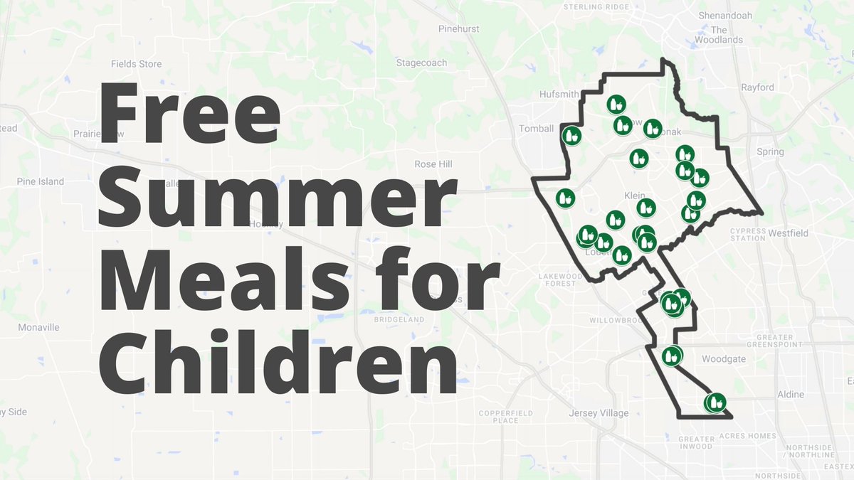 This summer, Klein ISD is pleased to provide free healthy summer meals☀️🍽️ to ALL children 18 and younger and enrolled students with disabilities up to 21 years old. 

Find one of the 28 locations nearest you by clicking this link: news.kleinisd.net/?p=17763