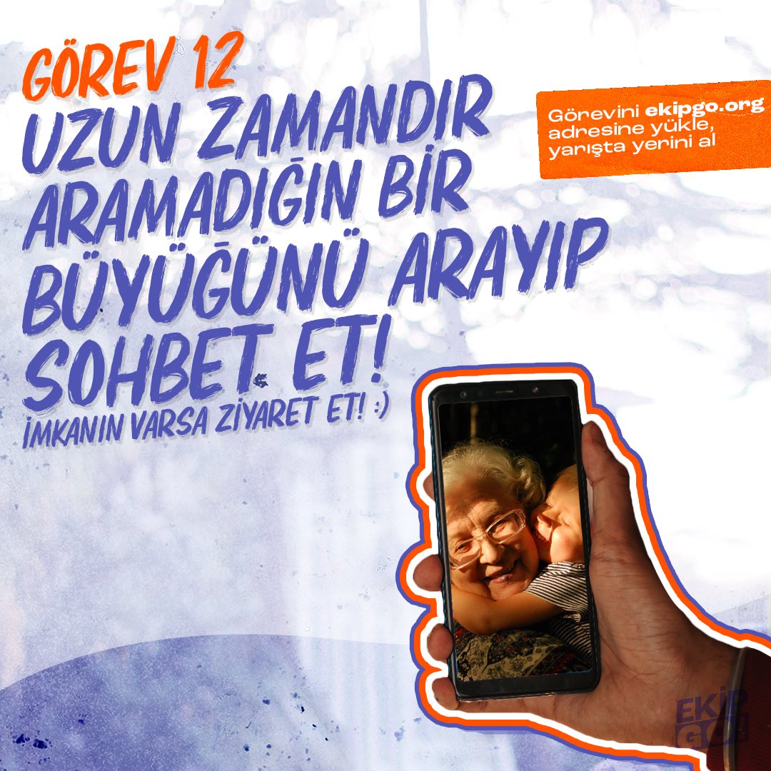 Pamuk eller cep telefonunaa!
#EkipGO 12.görev ile karşınızda. Bu haftanın görevi uzun zamandır aramadığın bir büyüğünü arayıp sohbet et! İmkanın varsa ziyaret et! :)) 
Bayramlarda büyüklerden harçlık bekleyen küçükler şimdi sıra bizde. 😎