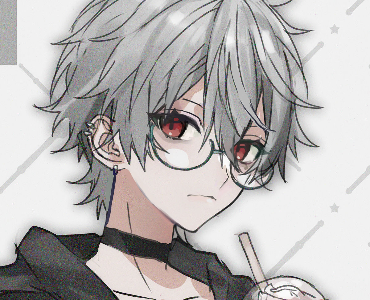 kuzuha (nijisanji) 1boy male focus red eyes glasses grey hair solo choker  illustration images