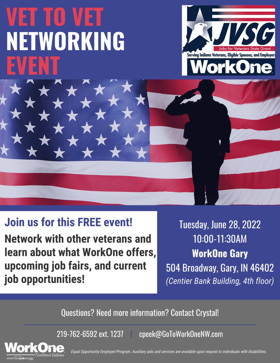 WorkOne_NWI's tweet photo. Don't miss our Vet to Vet Networking Event on Tuesday, June 28. 2022, from 11-11:30 AM! https://t.co/wYvHTptaff