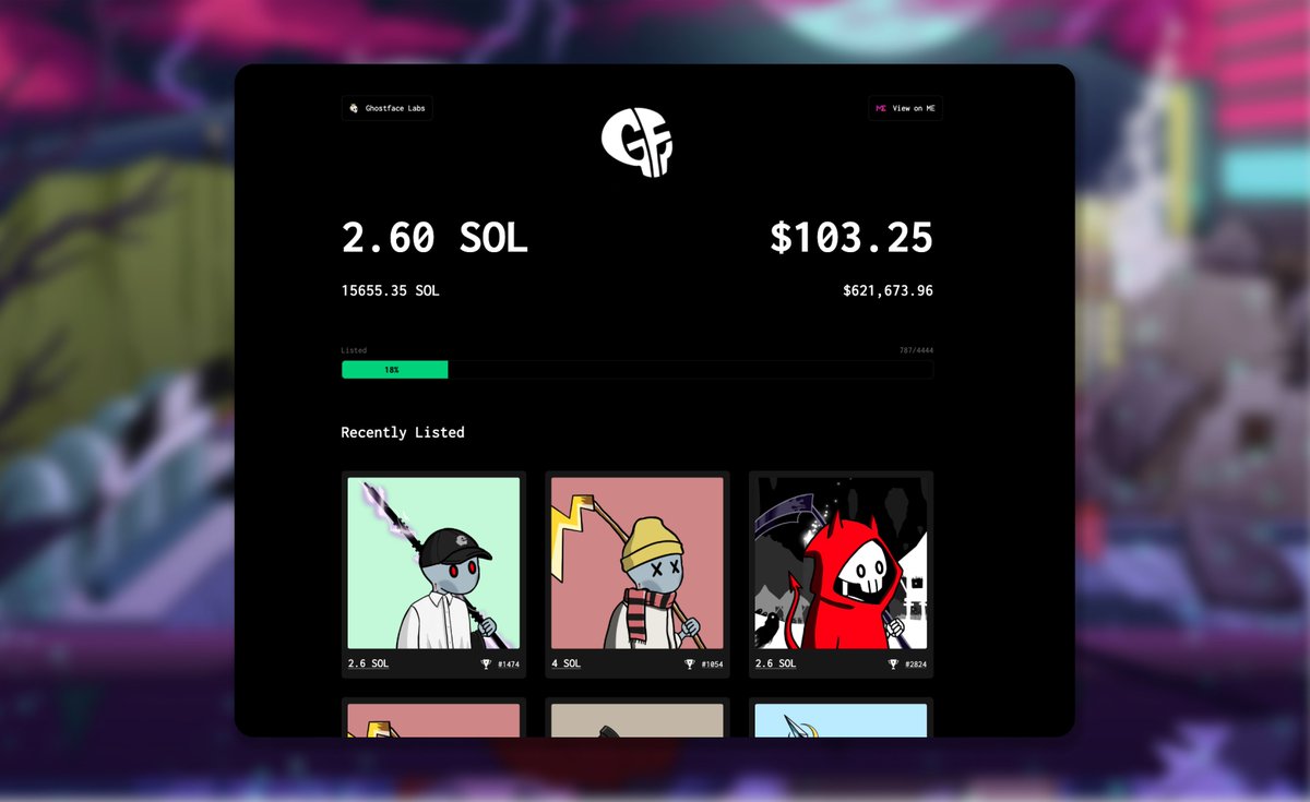 My weekend contribution to the <a href="/GhostfaceNFT/">GHOSTFACEKILLA</a> verse 🤝. 

🧠I wanted something less clunky and faster than ME for us to view useful GF stats.

💡 Introducing Ghostface Page! A standalone page for GF ME stats, more features to come, taking suggestions!

👻  ghostface.page