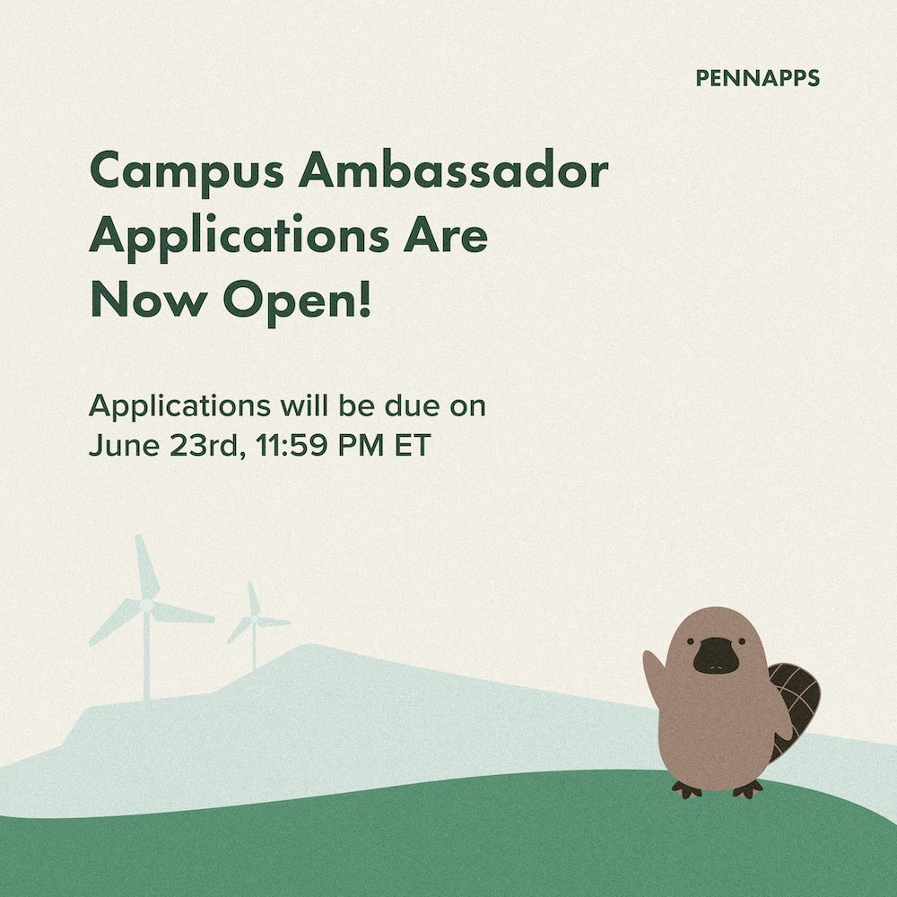 Campus ambassador applications for PennApps XXIII are now open!
As a campus ambassador, you will help expand PennApps to more potential hackers in your school. You will also receive priority admission for PennApps XXIII and other cool perks!
Apply here: tinyurl.com/pennapps-ca-22