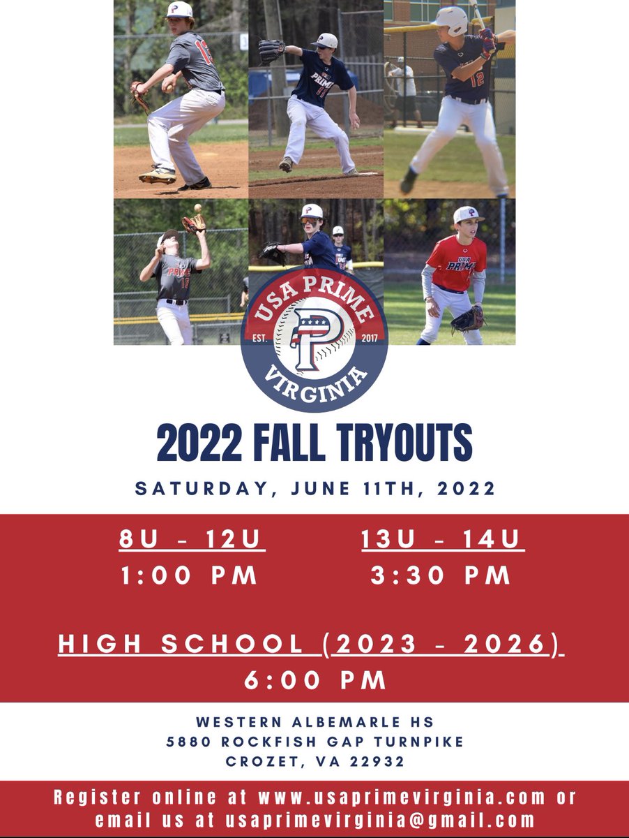 usaprimeva's tweet photo. THIS WEEKEND!! 🚨 USA Prime Virginia Tryouts 🚨 2022 Fall tryout dates have been announced. Please direct all tryout questions to usaprimevirginia@gmail.com. Pre-register on our website at https://t.co/K6k55ZSNu9 #PrimeDevelopment #PrimeFamily @USA_PrimeBB https://t.co/Cbzt6hGZyr