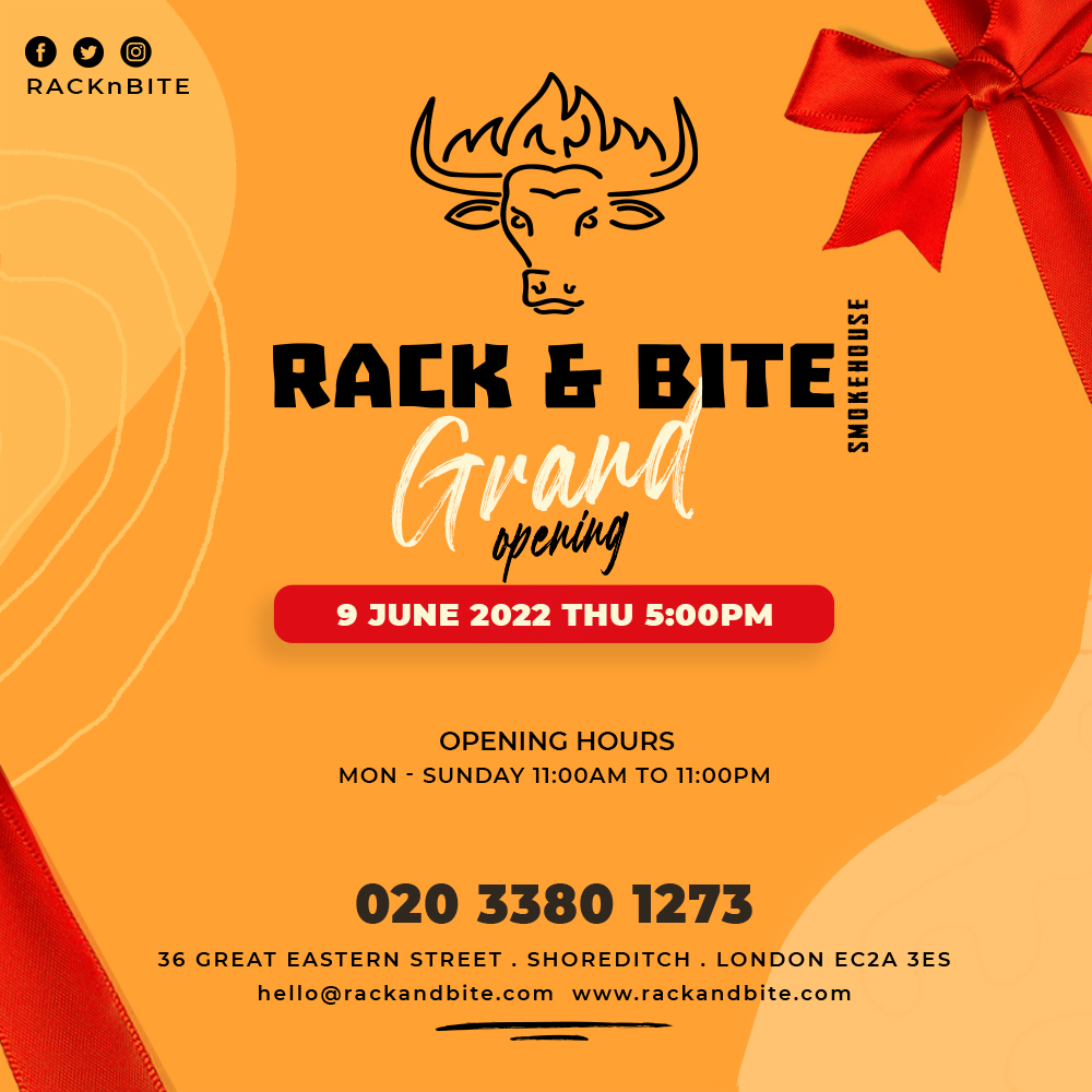 Grand Opening: THURSDAY, 9 JUNE 2022, 5:00 pm.

🔥 Free/Discount OFFERS available for early-birds.

Rack &amp; Bite Smokehouse
Mouthwatering Barbecues, Grills, Burgers, Hot Dogs, Shawarma Kebabs, Fresh Salads, Sides, Shakes &amp; Cold Drinks. Eat in / Takeaway.