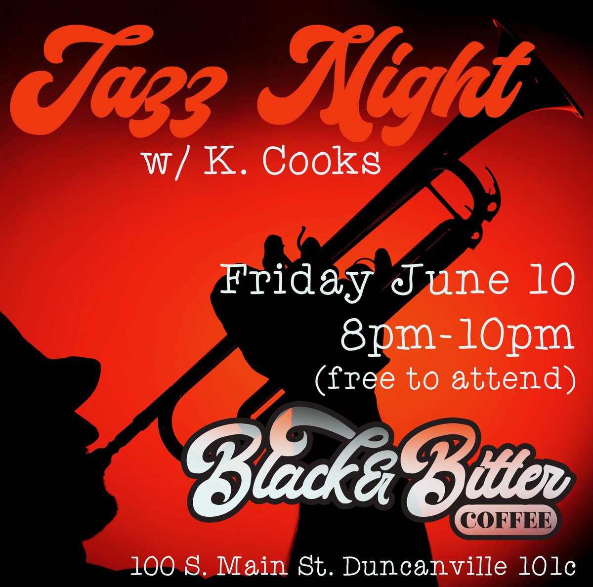 BlackBitterCB's tweet photo. Jazz Night is coning right up, w/ K. Cooks! Are you coming to visit? https://t.co/IoxDxlo5vv