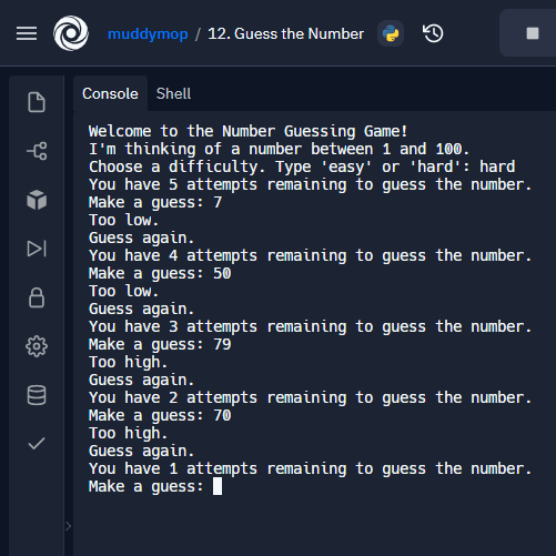 muddymop's tweet photo. Day 12 of #Python #100DaysOfCode: made a simple Guess-the-number game after a few days of break. Not too tough (luckily), but will definitely need to pick-up the speed. @yu_angela @LondonAppBrewer @udemy https://t.co/wHnyuPVtTI