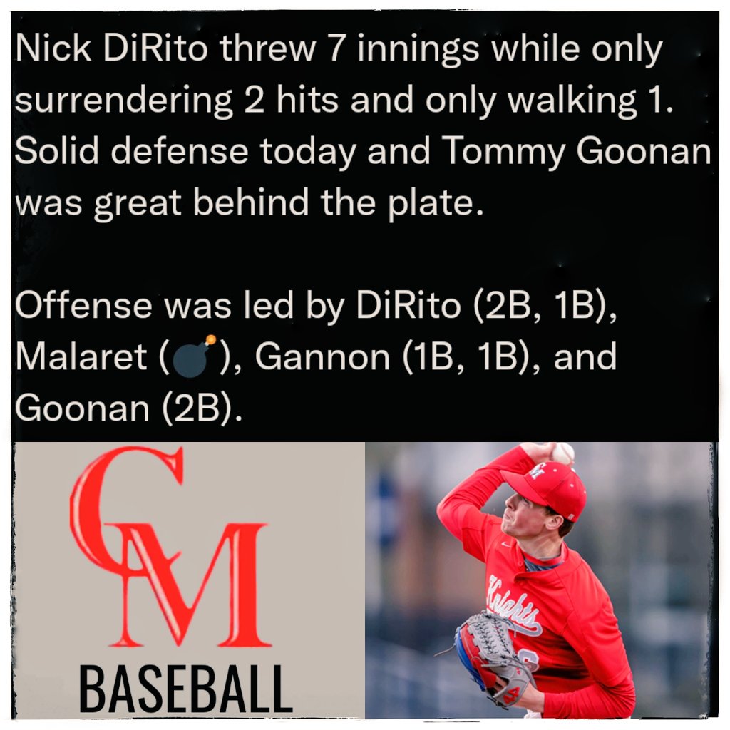 #CatholicConference⚾
Final:
<a href="/CathMemBaseball/">Catholic Memorial Baseball</a> 5️⃣
Barnstable                   1

Mission accomplished☑️ 
It was the <a href="/DiritoNick/">Nick DiRito</a> show. The <a href="/RiverHawkBB/">UMass Lowell Baseball</a> commit dominated on the mound &amp; at the plate. 
Shout-outs to <a href="/tommy_goonan18/">Tommy Goonan</a> (C), <a href="/JohnnyGannon8/">Johnny Gannon</a> &amp; <a href="/gmalaret1/">Gabe Malaret</a>.