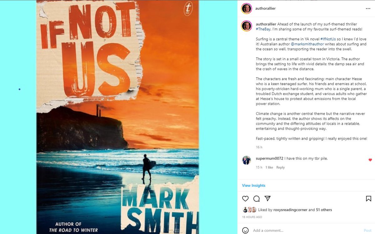 AuthorAllieR's tweet photo. Ahead of the launch of my surf-themed thriller #TheBay/#TheSwell, I'm sharing some of my favourite surf-themed books over on Insta.
Read my review of #IfNotUs by Australian YA author @marksmith0257 here: https://t.co/N0TjvETI6N
#surfing #surffiction #surfwriting https://t.co/gJozmzXmxB