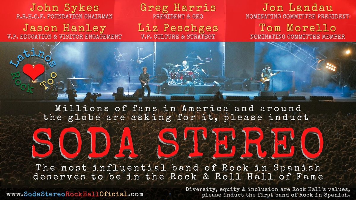 SodaSt_rockhall's tweet photo. Buscamos 500 FANS de .@sodastereo que ayuden a RETUITEAR esta foto ETIQUETANDO a estos directivos del .@rockhall.  Solo ocupan copiar y pegar este mensaje en su tweet. 

.@rockhallceo
Greg Harris
.@jasonhanleyrock
Jason Hanley
.@lizpeschges
Liz Peschges
.@tmorello
Tom Morello https://t.co/U8uXnNsYv0