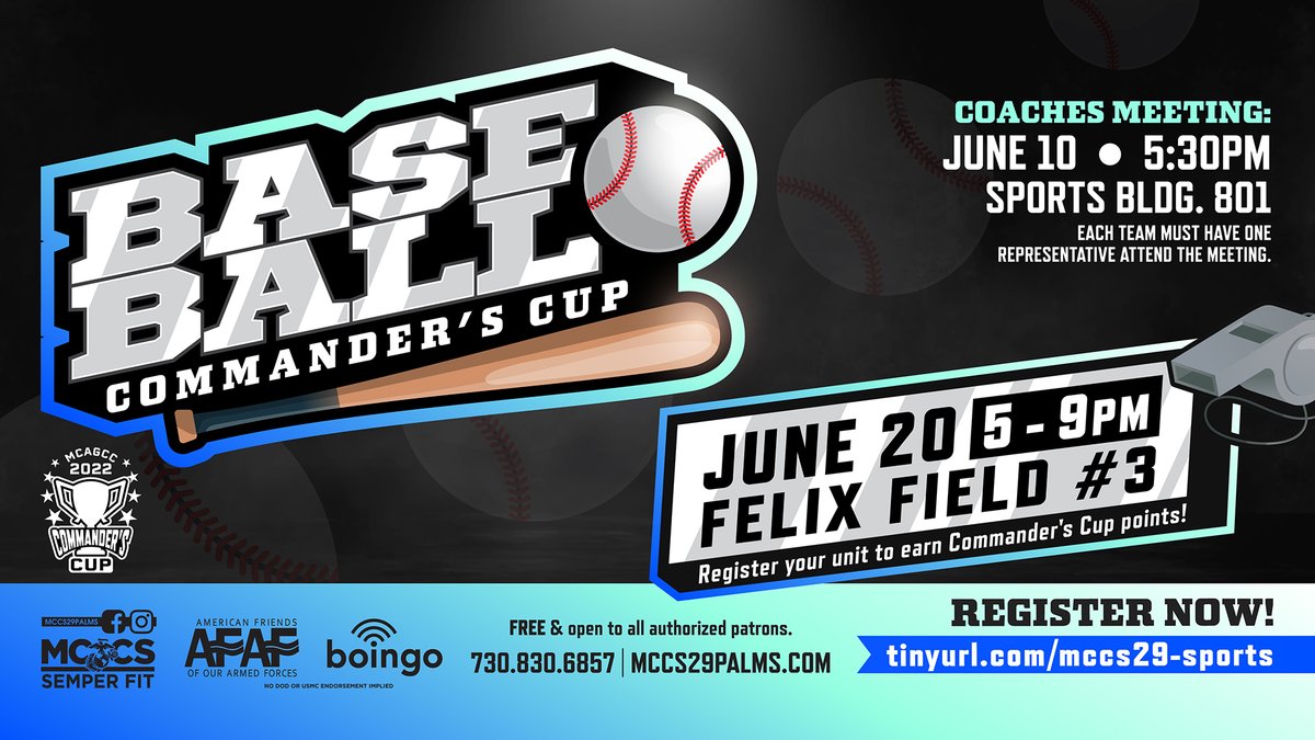 There's still time to sign up for the Commander's Cup Baseball League! Coaches meeting this Friday, June 10. FREE and open to all authorized patrons. Get more info here: mccs-info.com/3M53NqL