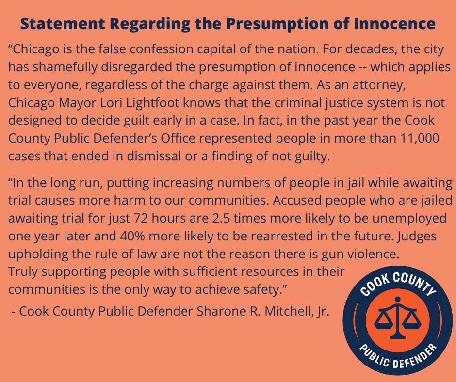 Earlier today, Chicago Mayor Lori Lightfoot remarked that “given the exacting standards that the state's attorney has for charging a case … when those charges are brought, these people are guilty.” This is incorrect.