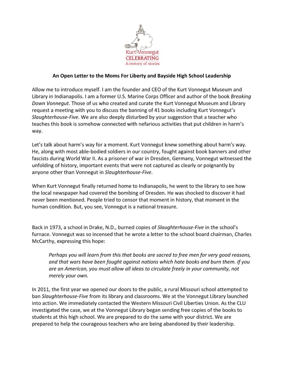 VonnegutLibrary's tweet photo. .@Moms4Liberty successfully got Slaughterhouse-Five banned in a school district in Florida. So it goes.

In response, we are giving up to 1,000 free copies of Slaughterhouse-Five to students who have had it banned.

Read our CEO's message, in cooperation with @TheLewisBlack: https://t.co/5yYGBG4iYX