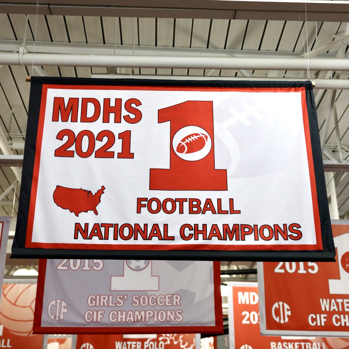 To recap the 2021-22 school year: 4 NEW Championship banners are hanging 🆙 in the Meruelo Athletic Center rafters 🤩

Congratulations to all members of these two Championship teams 🎉 

#WeAreMD