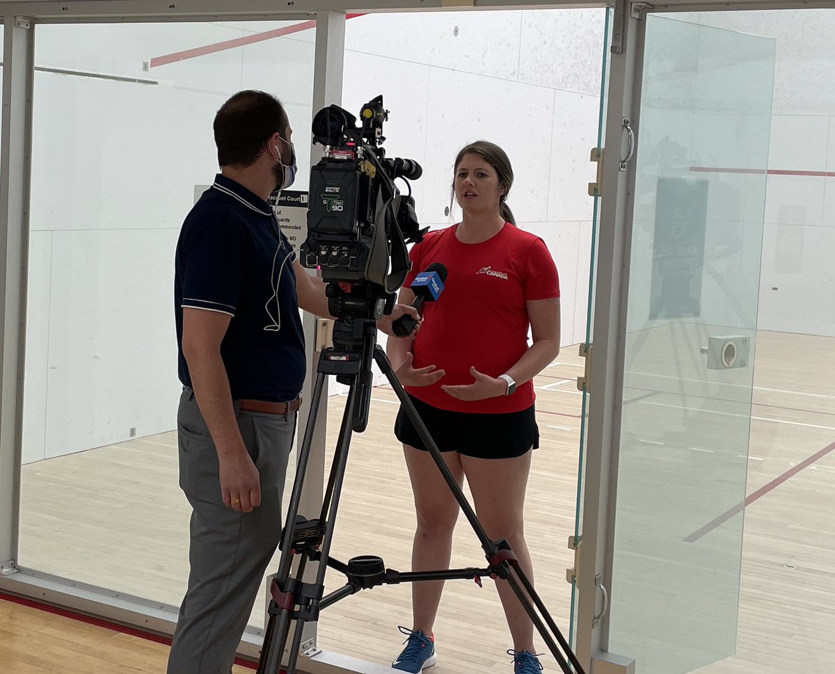 TLanderyou's tweet photo. @saskracquetball’s Danielle Drury being interviewed by @GlobalSaskatoon for her podium finish at @RBallCanada Nationals and qualifying for Worlds! https://t.co/X0D5NJaDYR