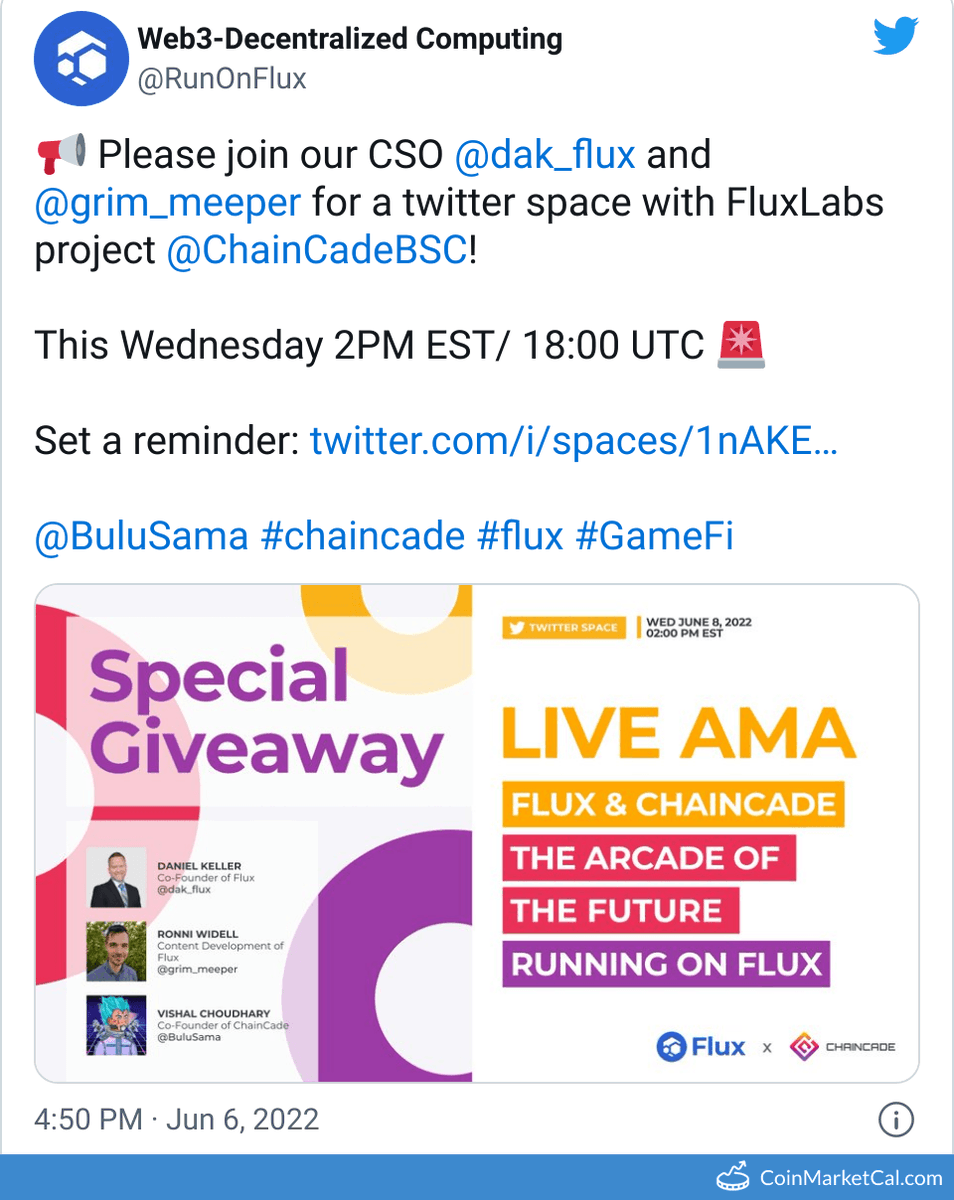 cmcal_bot's tweet photo. 🆕 New Flux $FLUX event! 
 
08 June 2022 
AMA  
 
Source: https://t.co/9fnd7eBq0k https://t.co/Wqwq766c3t