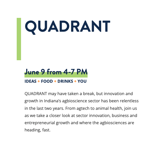 mitchdf's tweet photo. Join me &amp; some of the brightest minds in #innovation &amp; #agbioscience at 4 p.m. Thursday in Indianapolis for @AgriNovusIN QUADRANT. The event will feature discussions w agbioscience entrepreneurs, investors &amp; civic leaders. Register now for free @ https://t.co/3fsOohpDqu https://t.co/Jljxct3ITi