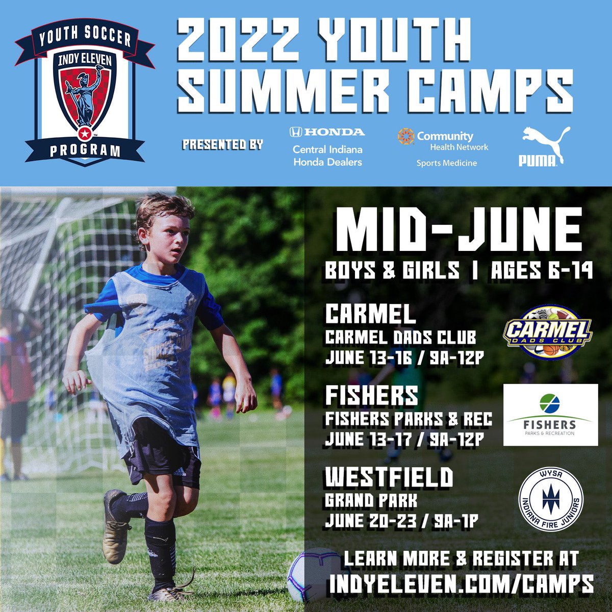 IndyEleven's tweet photo. CAMP SZN IS HERE!  Hamilton Co, we’re up your way the next ✌️ weeks … full details &amp; registration at https://t.co/4tNfjGhlLt https://t.co/Lgkv3SpXqX