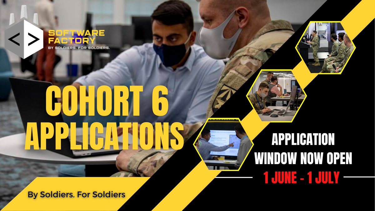 Army Software Factory is NOW accepting applications for Cohort 6! 

Apply Here: lnkd.in/gYWS82X

"By Soldiers. For Soldiers"

#ArmyFuturesCommand #ECMA #Army