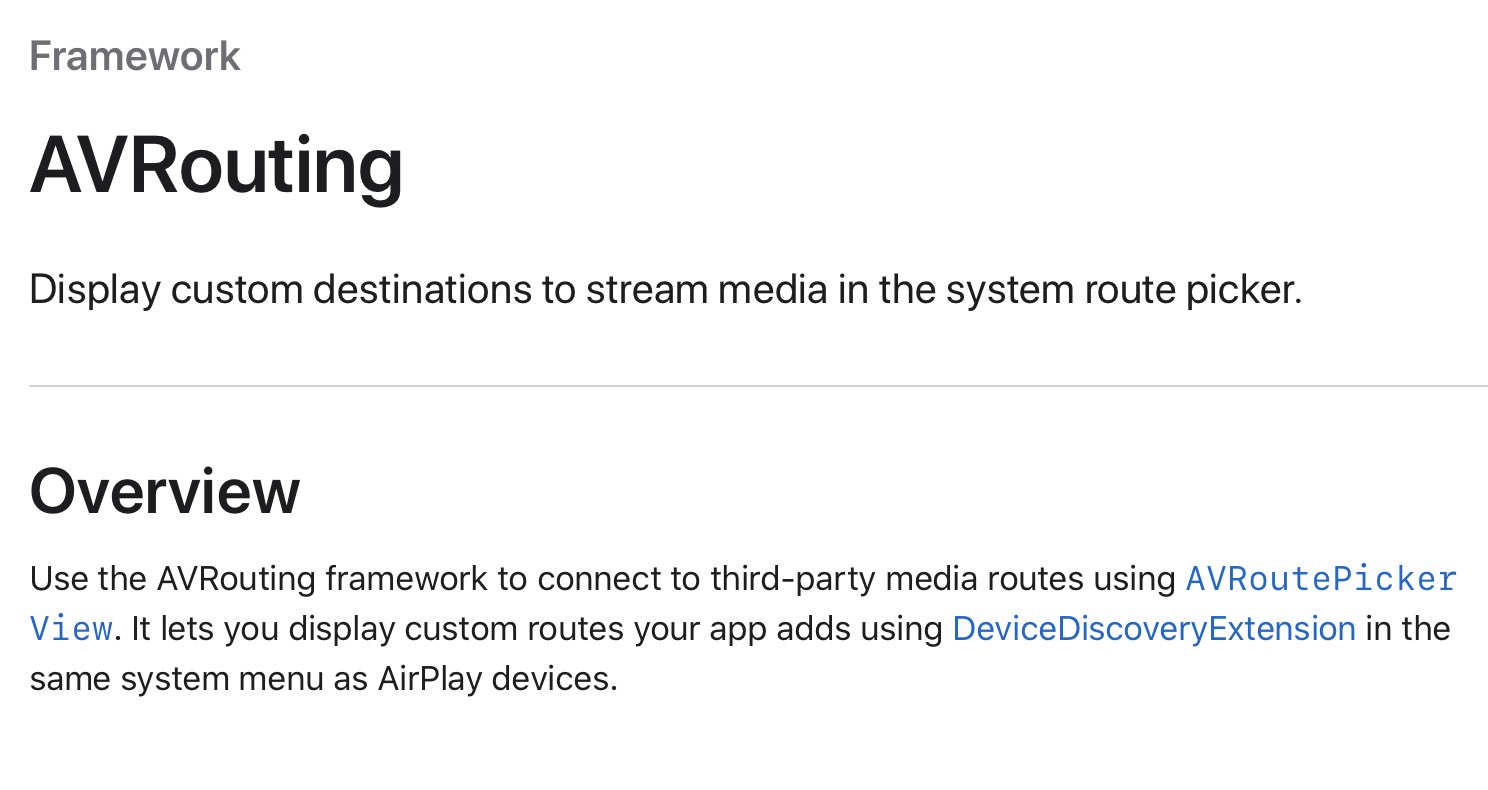 Tanmay on Twitter: "Fun new AVRouting API. potentially add support to stream to 3rd party devices such as Chromecast, Alexa, Sonos right from the system audio route picker. https://t.co/eDy15qOhSp" / Twitter