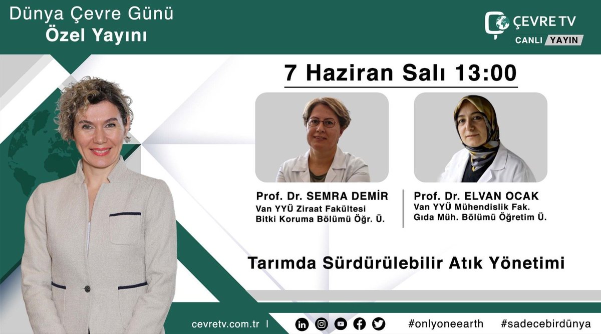 #DünyaÇevreGünü Özel Yayını
8 Haziran Salı 13.00

"Sürdürülebilir Tarım Yöntemleri Nelerdir ve Çevreye Etkisi Nedir?"
<a href="/cevretvcomtr/">Çevre TV</a> 'nin yarın canlı yayın konukları Bitki Koruma Böl.Öğr. Üyesi Prof.Dr.<a href="/semdem65/">Prof. Dr. Semra Demir</a> ve Gıda Müh.Böl.Öğr.Üyesi Prof.Dr. <a href="/elvanocak1/">elvanocak</a>

#WorldEnvironmentDay
