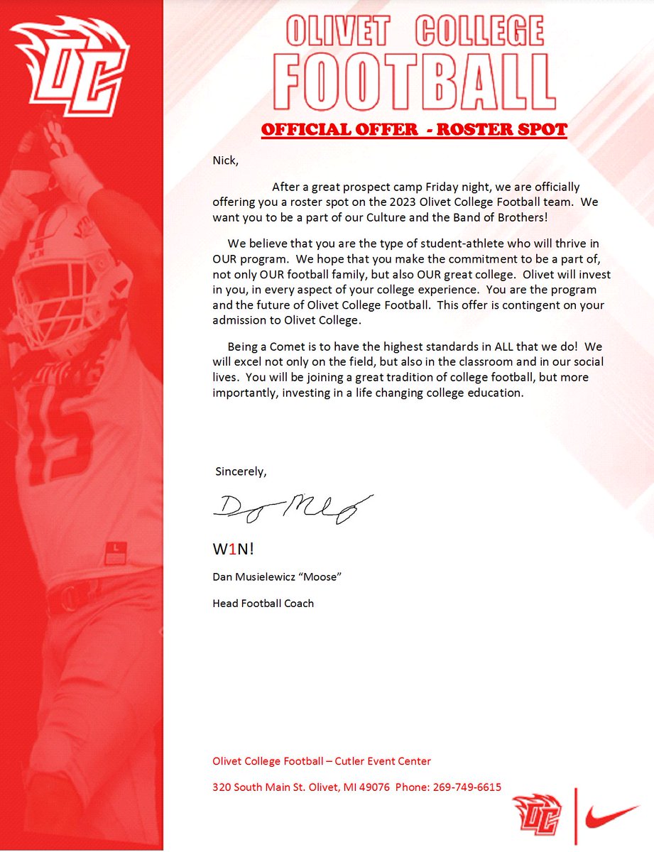 NickHuddles66's tweet photo. I’m very grateful and blessed to receive my first offer from @OlivetCollegeFB. Thank you @CoachMoose2 and @CoachRumz58 for letting me show off my talent at your camp. @FranklinFootbal @Fhsfballoline @TheD_Zone https://t.co/iZ7oNloVQq