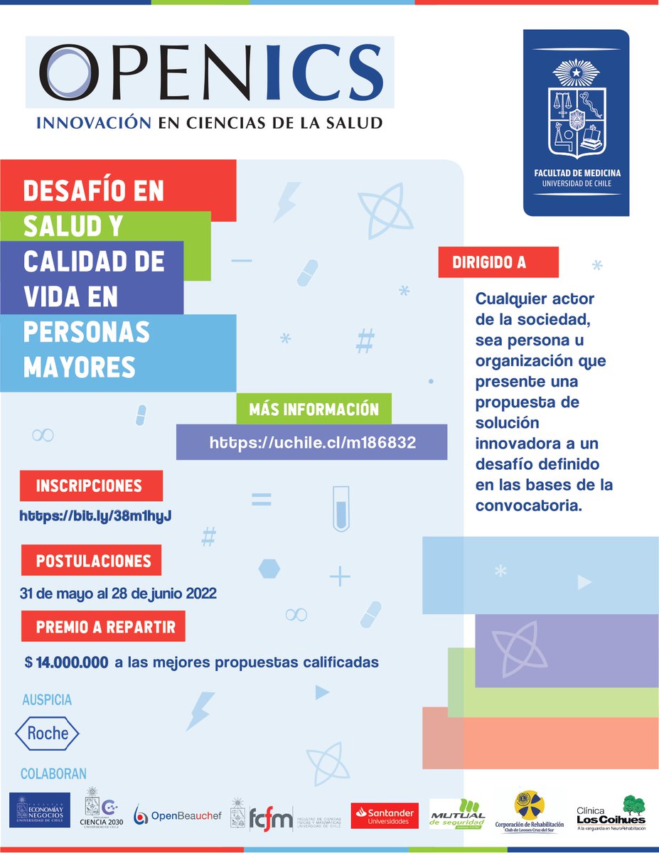 OpenBeauchef's tweet photo. 🚨 ¡Atención! La @uchile tiene un nuevo desafío de #innovación 💡 En esta ocasión, @MedicinaUChile busca aportar soluciones para mejorar la calidad de vida de los adultos mayores a través de #OPENICS. Más info:https://t.co/GstlwjZ2zH
Inscripciones: https://t.co/zQFiordJ0p #salud https://t.co/xMqsgr30Nq