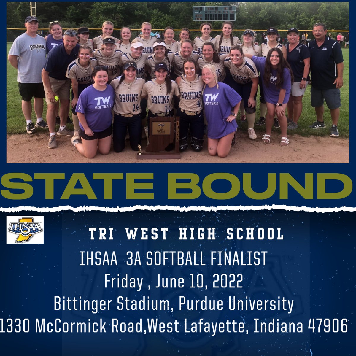 triwestsports's tweet photo. STATE BOUND! Come support our Bruins! Tickets are $12.00. All ticket sales will be digital only via GoFan ticketing. No cash or credit card sales at the gate. Gates open at 4pm. All seats are general admission. 
Ticket link: https://t.co/bw1zsnr3CZ
@twbruinsden @TriWestSoftball https://t.co/F2pkgteFgK