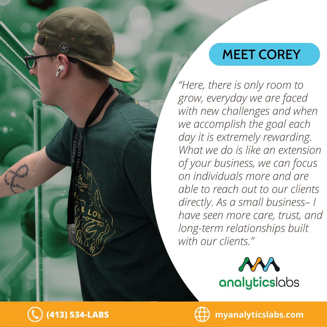 myAnalyticsLabs's tweet image. Meet Corey, his favorite part of working here at Analytics Labs is that he learns something new each day. 

#analyticslabs #aHigherStandard #TestYourProduct #Holyoke #HolyokeMA #Massachusetts
 #terpenes  #analyticalchemistry