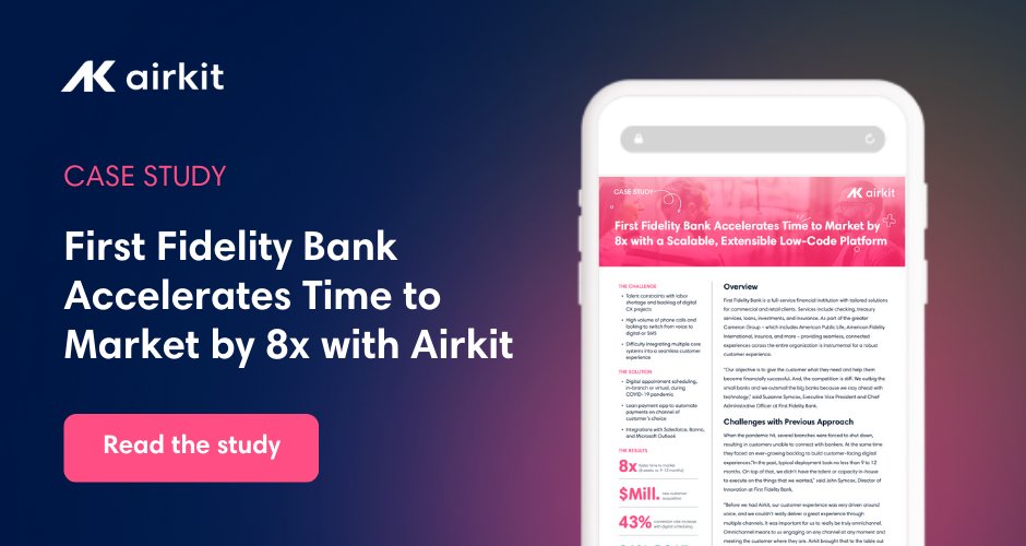 Learn how <a href="/gobankffb/">First Fidelity Bank</a> accelerates their time to market by 8x (6 weeks vs. 9-12 months) with <a href="/AirkitCX/">Airkit.ai</a>'s low-code platform. 🙌 Read the case study here: bit.ly/3mkSgte

#lowcode #customerexperience