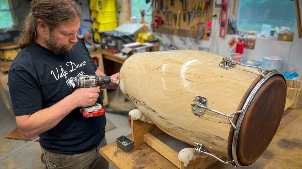 manitoperc's tweet photo. A spalted requinto, quinto, conga and tumba are nearly ready. The steer skins are drying, and Ryan has finished the feet. These are going to be one fine set! A video demo will follow. #solidshell https://t.co/BEL610Na3s
