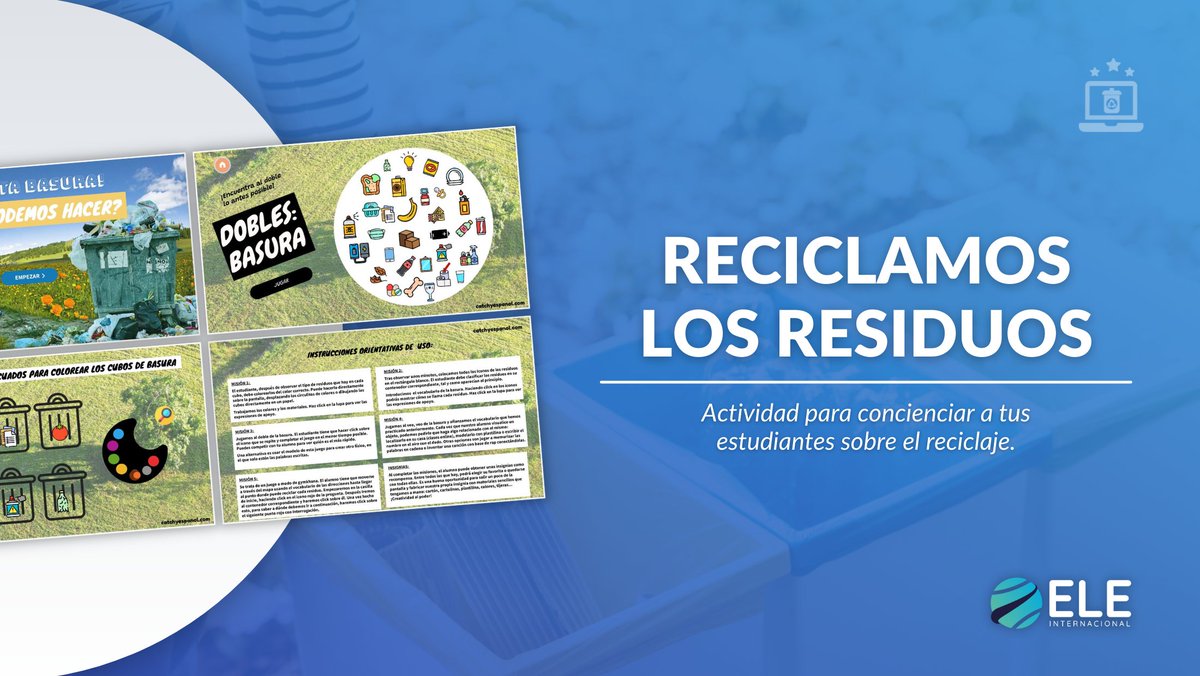 ELEIcursos's tweet photo. ♻️ Actividad para concienciar a tus estudiantes sobre el reciclaje ♻️
Incluye:
✅ Juegos: doble, veo veo y lince.
✅ Mapa a modo de gymkhana.
✅ Misiones.
✅ Más actividades.
Descárgala aquí 👉 https://t.co/ortA0AuVk9
#materialELE #profeELE #ELE https://t.co/qNyBUgiKTF