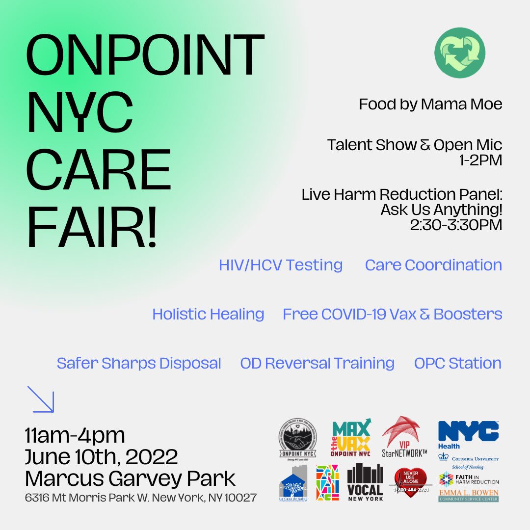 _OnPointNYC's tweet photo. YOU’RE INVITED to our first ever CARE FAIR 🎉

Come meet the team at our first official event as #OnPointNYC (@NYHarmReduction + @cornerproject)

Where? Marcus Garvey Park
When? June 10th 11am-4pm

We’re showcasing all of #OnPointNYC’s departments, services, partners, &amp; more! https://t.co/ZF3wjwjiT0