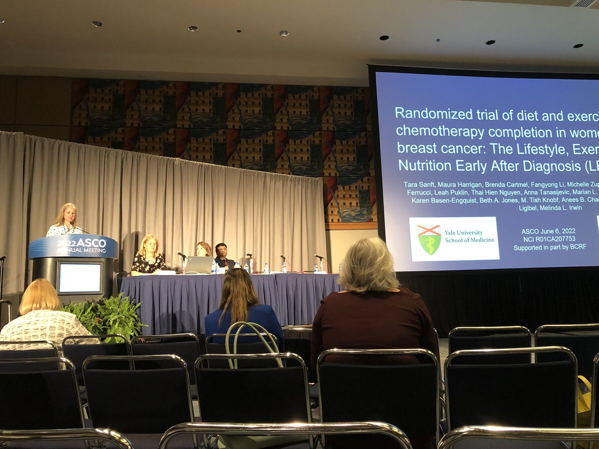 So exciting to see <a href="/tarasanftmd/">Tara Sanft</a> present the preliminary results of the LEANer trial today at #ASCO2022. The LEAN research team, study participants, and importance of nutrition &amp; physical activity in cancer survivorship are my passion and inspiration! <a href="/YaleSPH/">Yale School of Public Health</a> @mirwin_yale