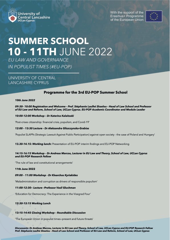 EU-POP (@eupop2) on Twitter photo We’re delighted to announce the third annual EU-POP Summer School at <a href="/UCLanCyprus/">UCLan Cyprus</a> on the 10th and 11th of June 2022. It will focus on the ways in which populism poses a threat to the rule of law and other European values. For more information visit eupopulism.eu/third-eu-pop-s…
#eupop We’re delighted to announce the third annual EU-POP Summer School at <a href="/UCLanCyprus/">UCLan Cyprus</a> on the 10th and 11th of June 2022. It will focus on the ways in which populism poses a threat to the rule of law and other European values. For more information visit eupopulism.eu/third-eu-pop-s…
#eupop