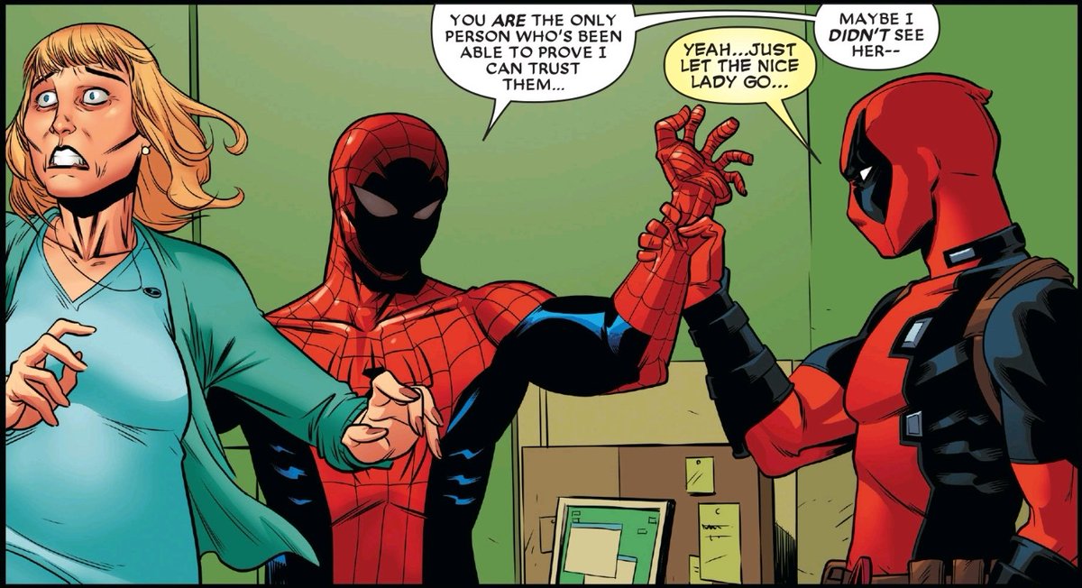 in fact, he sounds so paranoid at this point  that even deadpool tries to talk him down. and spider-man lets him because he.. trusts him🥲 (of course, it turns out peter was right, and it was chameleon again) 