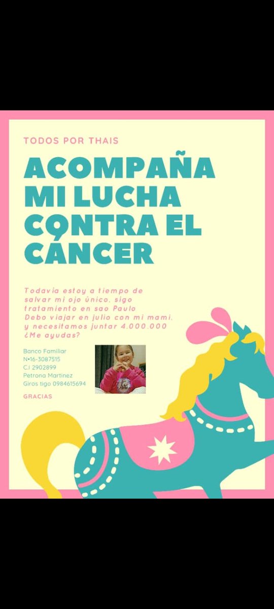 Que sea una cadena de tocorre😪❤ y se puede llegar a la meta, rt rt rt gente que se puede 
Contamos con tu ayuda , 
Podes donar tu grano de arena
Banco Familiar 
N•16-3087515
C.i 2902899 
Petrona Martinez o giros tigo 0984615694