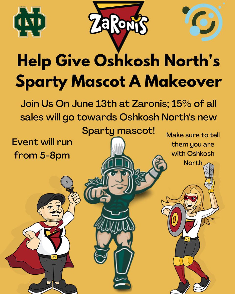 Stop in to Zaronis on June 13th from 5-8pm for our very own dine in night. 15% of all of the earnings will be going to help fund Spartys new makeover for this next school year! #SpartanPride #Newlook