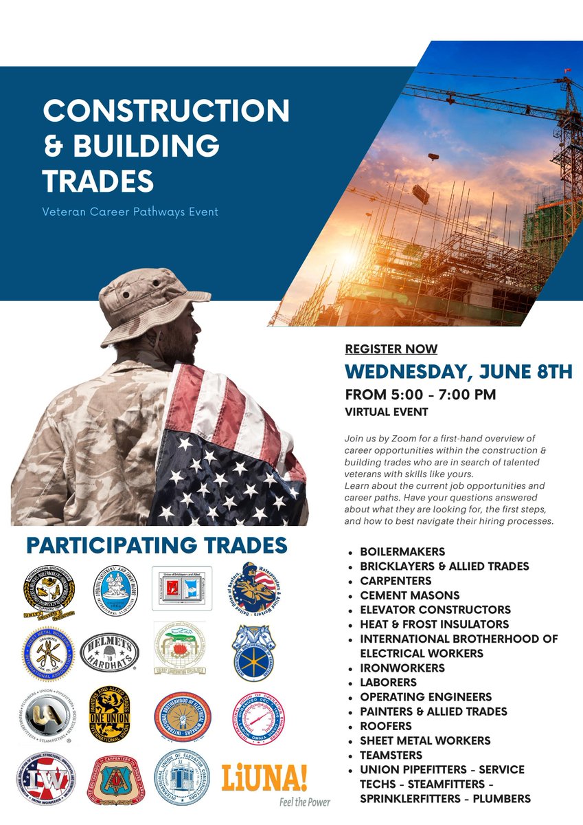 #Veterans...here is your opportunity to learn more about an outstanding career in the building trades. Register now! #HelmetstoHardhats
eventbrite.com/e/construction…