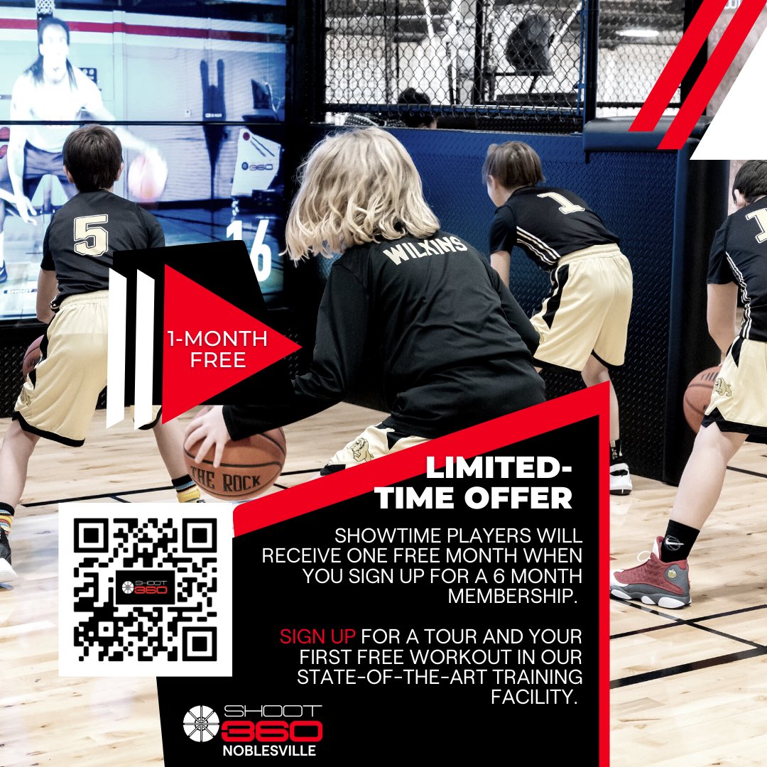 jizzlethacoach's tweet photo. Don't wait! Unlock your game at Shoot 360 Noblesville with this limited-time offer for Showtime players. Scan the QR code or visit https://t.co/uaUiz6U4ml to sign up today! 🏀 https://t.co/2yu5nnjeAi