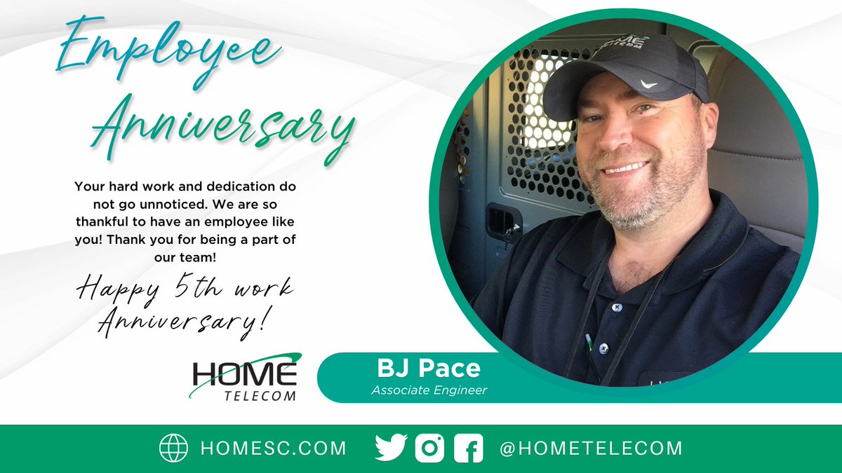 HomeTelecom's tweet photo. Happy 5th Anniversary to our Associate Engineer, BJ Pace! Thank you for going above and beyond every day to help your team and this company succeed. Congratulations BJ!
#HomeSC #HomeTelecom #WeCallThisHome #EmployeeAnniversary https://t.co/yZeRCPeTX6