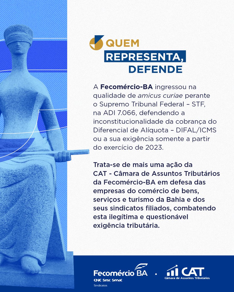 Trata-se de mais uma ação da Câmara de Assuntos Tributários da Fecomércio em defesa das empresas do comércio de bens, serviços e turismo no Estado da Bahia e dos seus sindicatos filiados, combatendo esta ilegítima e questionável exigência tributária.