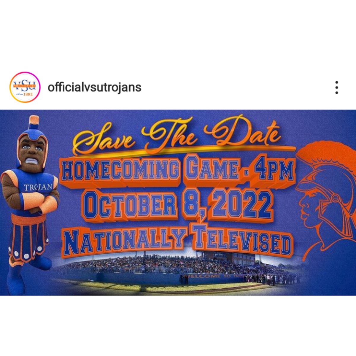 #VirginiaStateUniversity

The Bulldogs of #BowieStateUniversity will take on The Mighty Tony Trojans for a televised (a first), 97th Homecoming in beautiful William Andrew Rogers Stadium (1950).
<a href="/CIAAForLife/">CIAA</a> <a href="/d2kferg/">Kris</a> <a href="/D2HBCUFOOTBALL/">D2 Football Guy</a> <a href="/HBCUFBRecruits/">HBCUFootballRecruits</a>