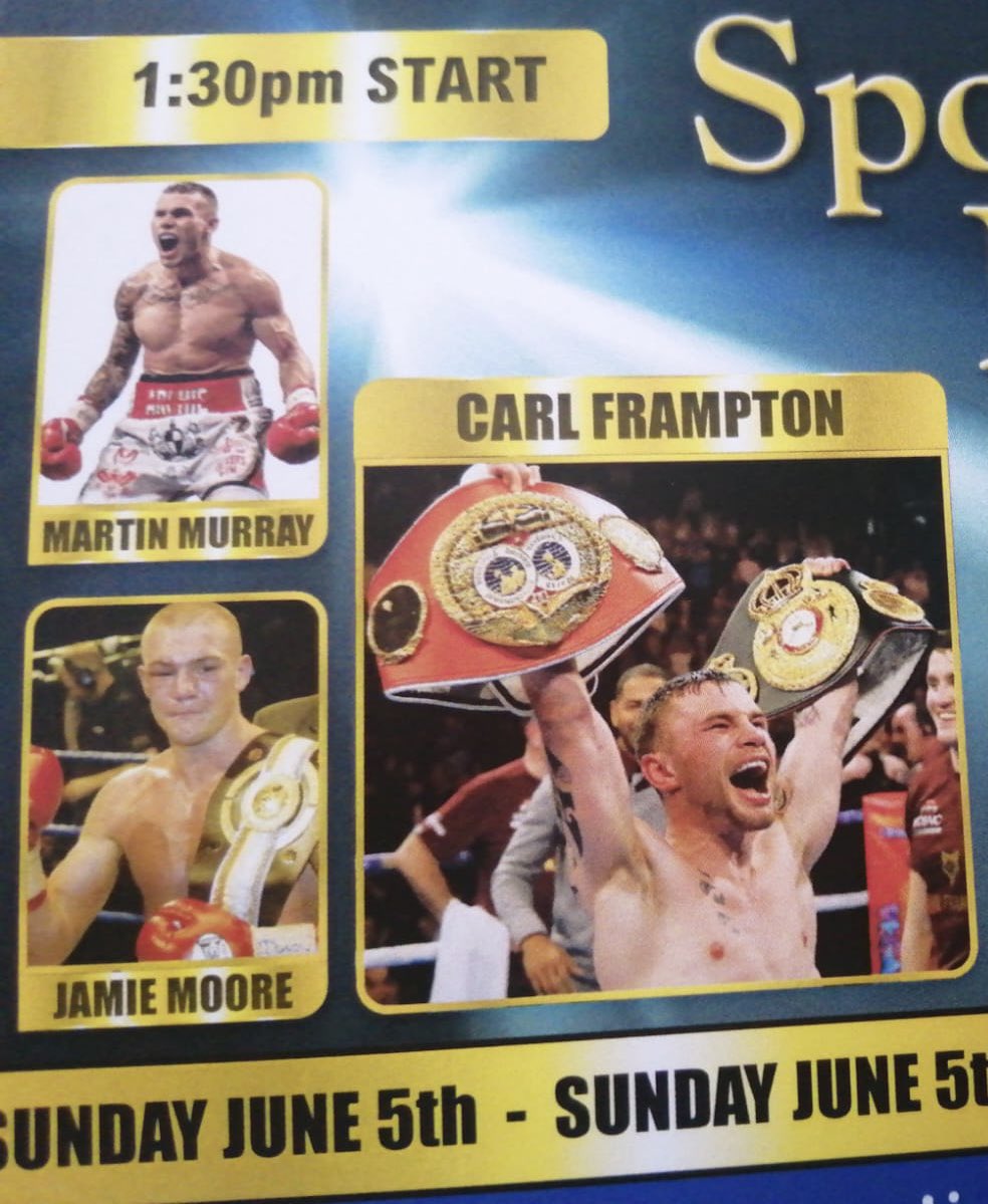 JTM2894's tweet photo. I am a huge boxing 🥊 fan and was gutted to miss this event… however a relative was able to get me some autographs! Thanks @MartinMurrayBox @JamieMoore777 and @RealCFrampton https://t.co/yN87UWl70a