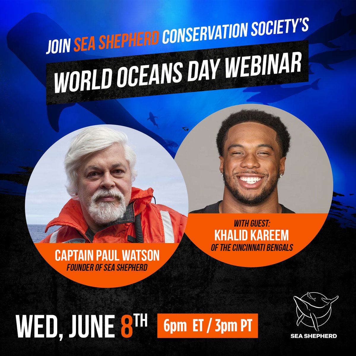 SeaShepherdSSCS's tweet photo. Don't miss Sea Shepherd's World Oceans Day Webinar
with Founder Capt. Paul Watson! 

Guests will include Khalid Kareem of the Cincinnati Bengals, &amp; Sea Shepherd Brazil Executive Director Nathalie Gil.

Reserve your spot today at: https://t.co/aRQj7MX6qW

#WorldOceansDay2022 https://t.co/oBbUyJWxbG