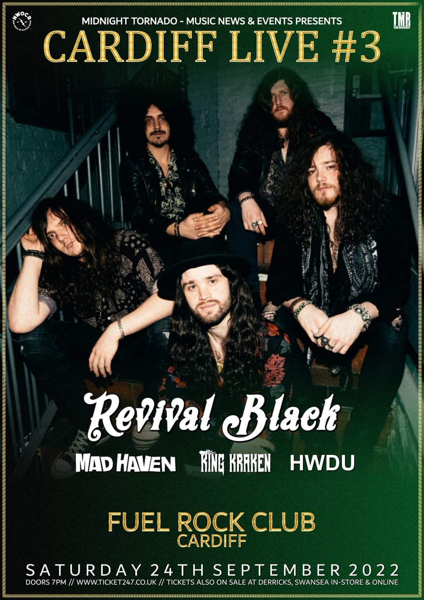 MTMNAE's tweet photo. Remember Midnight Tornado Cardiff Live #3 will take place at @FuelCardiff on Saturday 24th September featuring headliners @RevivalBlack_ plus special guests @madhavenband, @KINGKRAKENUK & #HWDU
Tickets & info - https://t.co/0Fws0lmqo9 https://t.co/WYRnQfyL0t